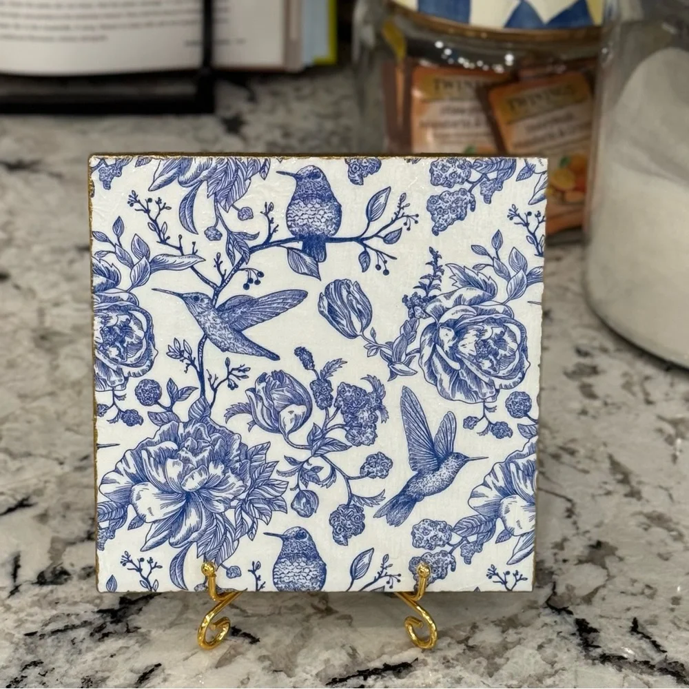 Hand Crafted Royal Check and Hummingbird Metal Wall Decor Blue White 13”